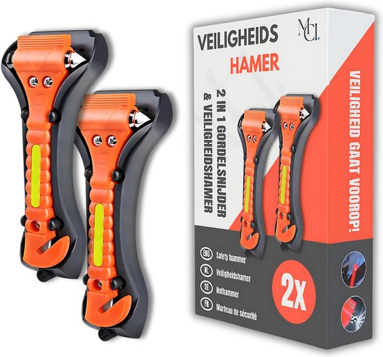 MCI® Veiligheidshamer 2-Pack – 2-in-1 Noodhamer & Gordelsnijder (Oranje, incl. houder)