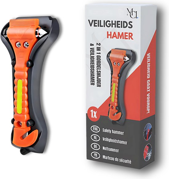MCI® Veiligheidshamer 2-Pack – 2-in-1 Noodhamer & Gordelsnijder (Oranje, incl. houder)